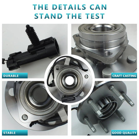 Close-up of Pair Front Wheel Bearing Hub Assembly 515036 Two Pack For Cadillac Escalade EXT ESV 2002 2006 Express 1500 2500 Suburban Tahoe Silverado GMC Sierra Savana Yukon 1999 2014 AWD 4WD components with detailed text labels