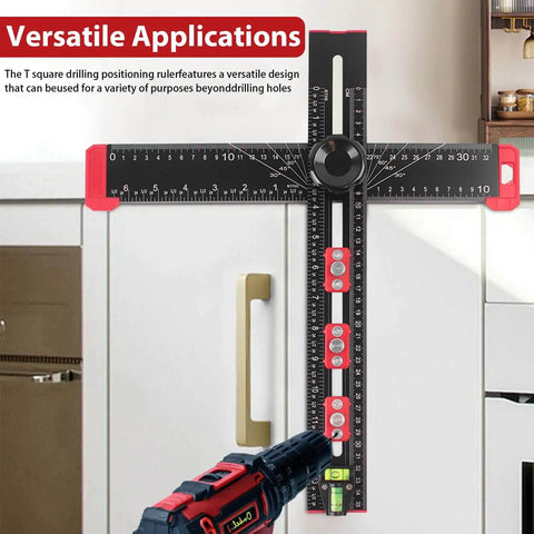 4-In-1 Aluminum Drilling Positioning Ruler 16 Inch Multifunctional T Square Ruler With Adjustable Marking Gauge Tool installed on cabinet