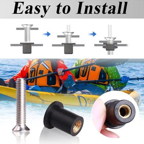 36 Pairs M4 M5 M6 Neoprene Well Nuts With Stainless Steel Screws Kit with kayakers in background and installation steps