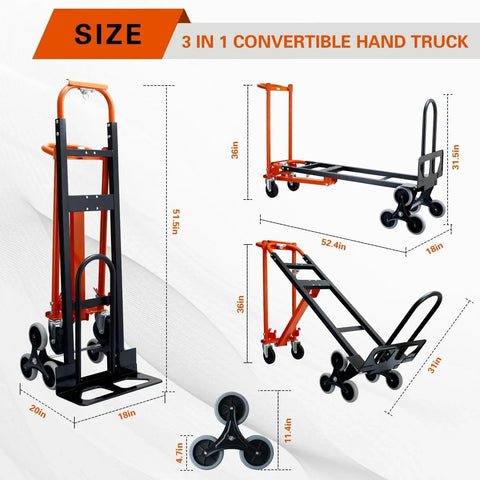 Three In One Industrial Convertible Hand Truck With 1000 Lbs Capacity diagram showing dimensions and modes