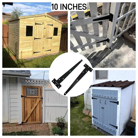 Four Pack 10 Inch T Gate Hinge Heavy Duty Outdoor Rustproof Black Strap Hinges for Barn and Shed Doors installed on various gates