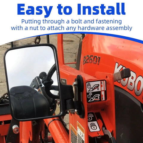 Side view of orange Kubota B2601 tractor with a black side mirror mounted on a metal arm.