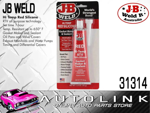 Image of J-B Weld 31314, a 3 oz tube of High Temp Red RTV Silicone Gasket Maker and Sealant for Cars, Trucks and Machines, with text details.