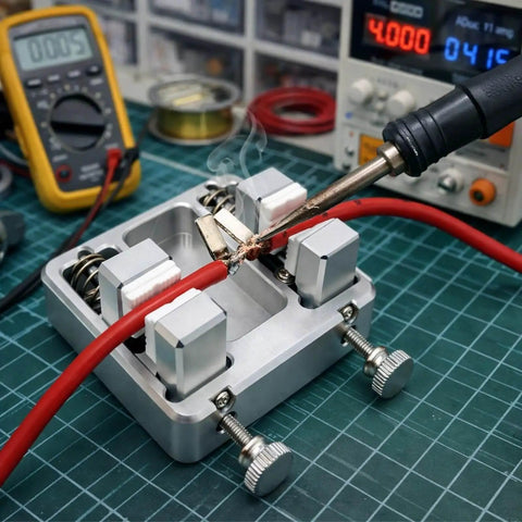 Beefy Aluminum Soldering Clamp For Quick PCB Fixes And Precise Wiring used for holding components during soldering process on workbench