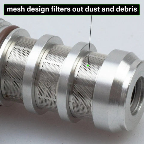 Close-up of the Two Piece Engine VVT Intake And Exhaust Camshaft Variable Timing Solenoid Valve Kit for GM Engine with mesh design.