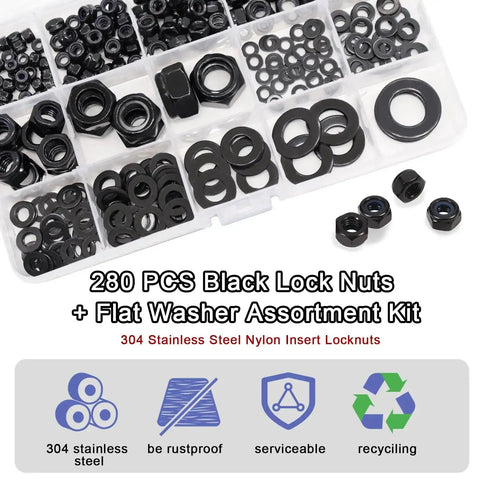 All In One Black Lock Nuts And Flat Washers Kit With M3 To M12 Sizes In 304 Stainless Steel, Heavy Duty, Corrosion Resistant, 280 Piece Set With 140 Lock Nuts And 140 Flat Washers displayed in box