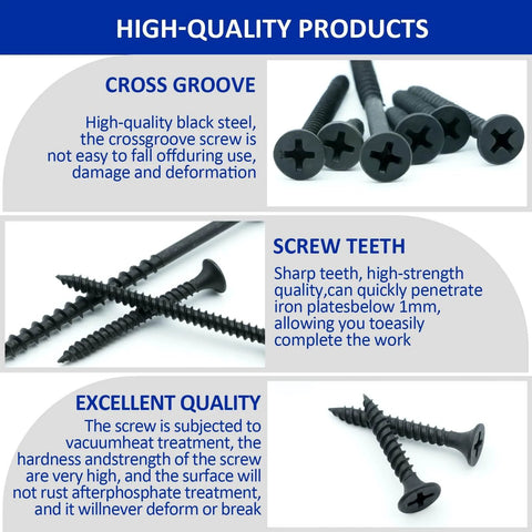 Drywall Screws Assortment Kit With 166 Pieces, Six Sizes From 3/4 In To 3 In, black coarse thread Phillips drive wood screws