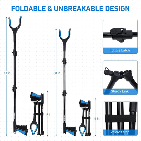 Extra Long Grabber Reacher Tool Set 38 Inch And 44 Inch Extendable Reachers For Seniors And Disabled With Lightweight Construction And Ergonomic Grip No Bending Hassle Easy Pickups In Hard To Reach Areas GrabRunner Blue showing foldable design and toggle latch.