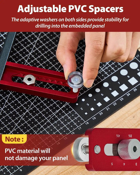 Close-up of adjustable PVC spacers on a Cabinet Hardware Doweling Jig For Knobs And Pulls, highlighting drill stability features.