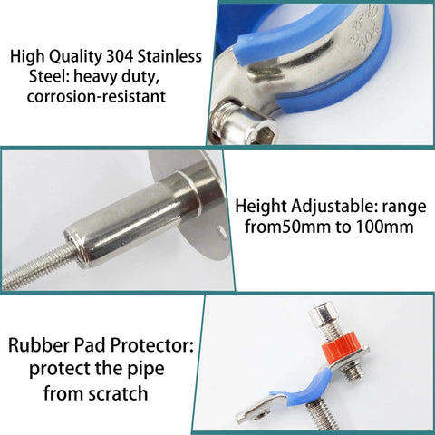 Heavy Duty 304 Stainless Steel Wall And Ceiling Pipe Mounts Two Pack With Adjustable Clamp Brackets For 24 To 28mm Tubes Height Adjustable From Fifty To One Hundred Millimeters Includes Screws Anchors And Hex Wrench, close-up view with specifications.
