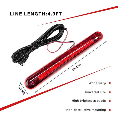 High Mount 24 LED Third Brake Light For Sedans, SUVs And Trucks, showing 10x1.2 inch dimensions and 4.9ft cable, waterproof design