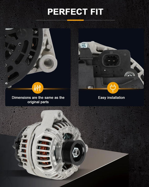 Alternator Replacement For GMC Sierra 1500 HD 2005-2006, Sierra 2500 HD 2005-2007, Sierra 3500 2005-2006, Yukon And Yukon XL 2005-2006, OE 11075. Image shows alternator with dimensional labels and easy installation note.