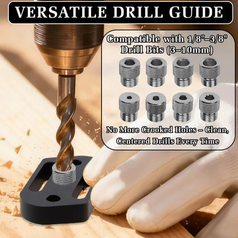 Self Centering Doweling Jig With Eight Size Drill Bushings For One Eighth To Three Eighth Inch Drill Bits, Go To Pro Handheld Drill Guide Block For Straight Holes, Woodworking And DIY Drill Bit Guide, 3D Printed Lightweight in use with wooden board