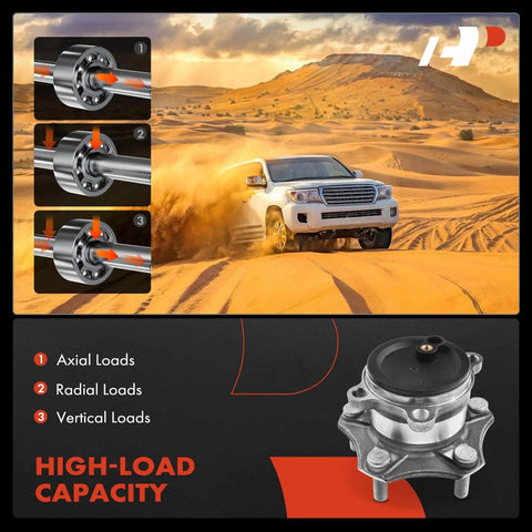 Two Pack Rear Wheel Bearing And Hub Assembly With 5 Lug Compatible With Mazda 3 2014 2015 2016 2017 2018 High Load Ball Bearing For Smooth Quiet Ride And Easy Replacement, showcasing high-load capacity with desert driving illustration