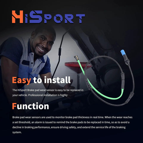 HiSport rear disc brake pad wear sensor kit for BMW; green sensor lead with connector visible