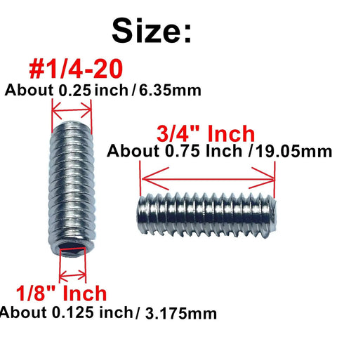 Fifty Pack Stainless Steel Hex Socket Set Screws One Quarter Twenty By Three Quarter Inch Length With Allen Head And One Eighth Inch Allen Wrench Included Built Tough For Heavy Duty Machinery And Everyday Projects; diagram showing screw dimensions.