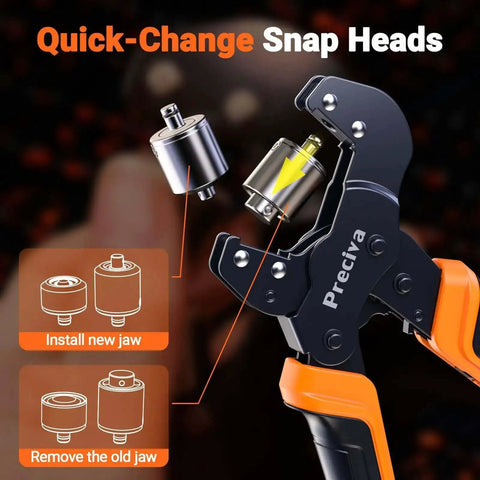 All In One Grommet Tool Kit With Four Jaw Sizes One Half Inch One Quarter Inch Five Sixteenths Inch Three Eighths Inch For Quick Change Eyelet Setting Includes 370 Grommets Handheld Pliers showing quick-change snap heads