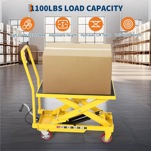 Hydraulic Lift Table Cart 1100 Lb Capacity 10 To 32 In Lift Height With Wheels shown with cardboard box in warehouse