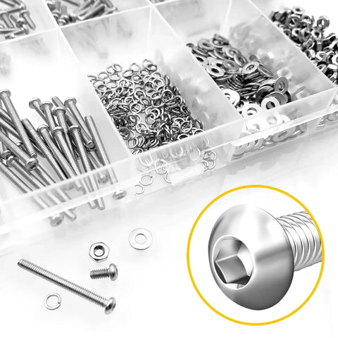 800 Piece M2 Screw And Nut Kit With Stainless Steel Bolts And Nuts Hex Socket Button Head Screws Flat And Spring Lock Washers For DIYers And Tinkerers Includes Hex Wrenches M2 Thread Lengths 4 6 8 10 12 16 20mm