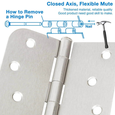 Close-up of 3 Pack 4 Inch Satin Nickel Door Hinges For Interior And Exterior Doors With Square Rounded 5 Eighth Inch Radius Corners Reversible Full Mortise Hinge