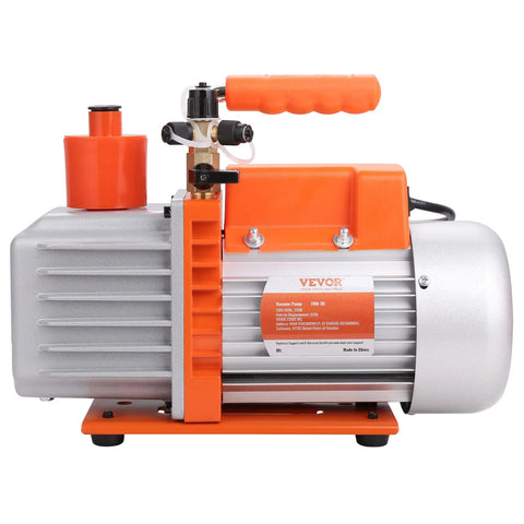 VEVOR 7 CFM dual-stage vacuum pump with 1/2 HP rotary vane, orange handle, oil bottle, side view