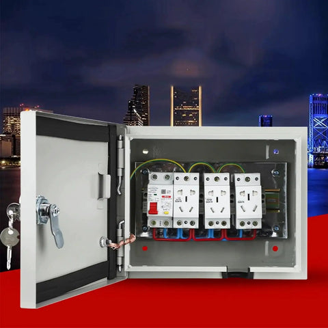 Open Sturdy Beefy Stainless Steel Electrical Enclosure Box Waterproof Wall Mount Junction Box showing internal wiring, cityscape background.