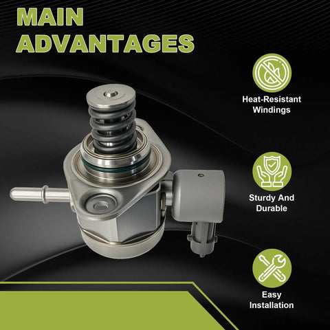 High Pressure Fuel Pump For Ford Focus 2.0L 2013-2018 Police Sedan Escape Fusion Taurus Edge Explorer Lincoln MKC MKT MKZ AG9Z-9350-B M73123 Replacement Part With Easy Install And Plug And Play displayed with main advantages on a black background.