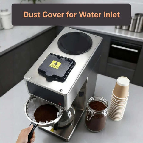 Heavy Duty 1610W 12 Cup Drip Coffee Maker Workhorse with dust cover and funnel, shown in a kitchen setting