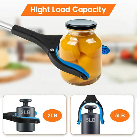 34 Inch Folding Grabber Reacher Tool Set, 2 Pack With 360 Degree Rotating Jaw And Magnets in use lifting jar