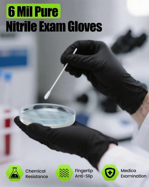 Black Nitrile Gloves 6 Mil Heavy Duty Disposable Textured Grip Powder Free worn by person holding petri dish in lab