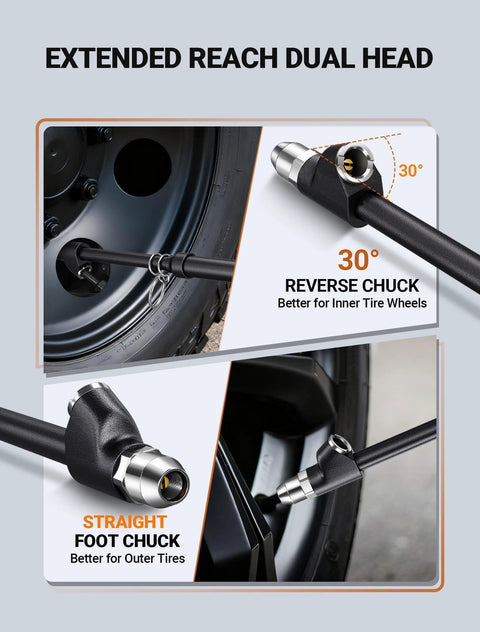 Two-pack heavy-duty tire pressure gauges with extended reach dual heads; straight foot chuck and 30° reverse chuck.