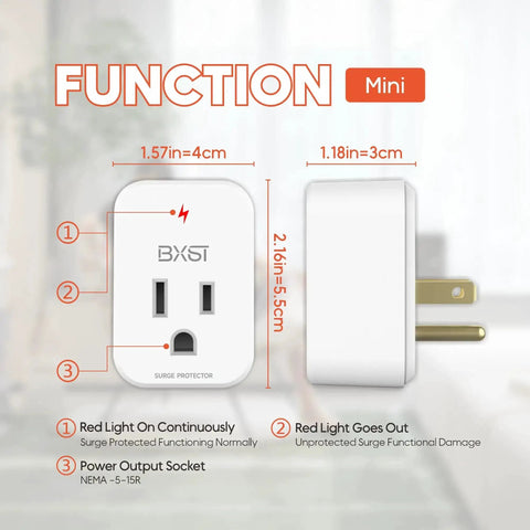 Two Pack Surge Protector Outlet With Ground Protection And Light Indicator 15A 1800W Heavy Duty Wall Socket For Fridge TV AC Washer And All Home Electronics Keeps Your Gear Safe From Surges And Lightning, showing front and side view with dimensions and light indicator function.