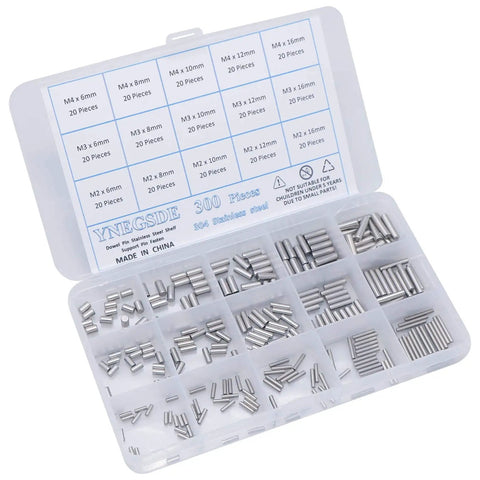 Built Tough 300 Piece Stainless Steel Dowel Pins Set M2 M3 M4 304 Grade Shelf Support Pegs in plastic assortment box