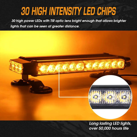 LINKITOM roof-top amber LED strobe light bar, double-sided, 30 LEDs, magnetic base for trucks and construction vehicles