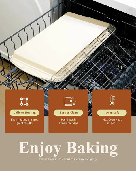 Nonstick Crisp Baking Tray With Wire Rack 15x10 Jelly Roll Pan Ceramic Coating in dishwasher rack, instructions displayed