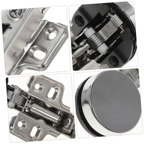 Close-up of four pack soft close glass door cabinet hinges with damping, cold rolled steel, for frameless cabinets, kitchen bathroom use.
