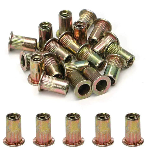 Image showing 100 Pcs 1/4-20 Carbon Steel Rivet Nuts Kit SAE Threaded Inserts in brass, suitable for metal assembly.