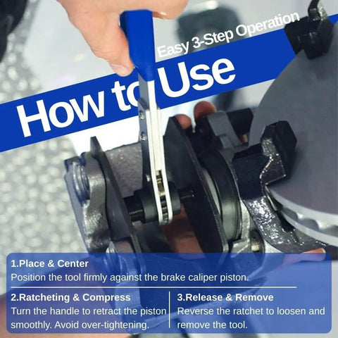 Instructional image showing the use of a brake caliper piston compression tool kit with 4 heavy duty caliper hooks and gloves 4 in 1 pro grade universal 360 ratcheting system for single twin quad piston car brake repair DIY friendly.