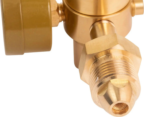 Close-up of the Pro Grade Argon Regulator And Flow Meter For MIG And TIG Welding With 0-70 CFH CGA580, durable brass construction.