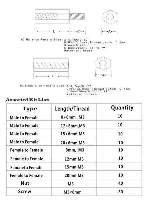 Diagram of M3 Brass Hex Spacer Standoff Kit With Male And Female Nuts And Screws 200 Piece Assortment in Plastic Box Includes 4.7mm Hex