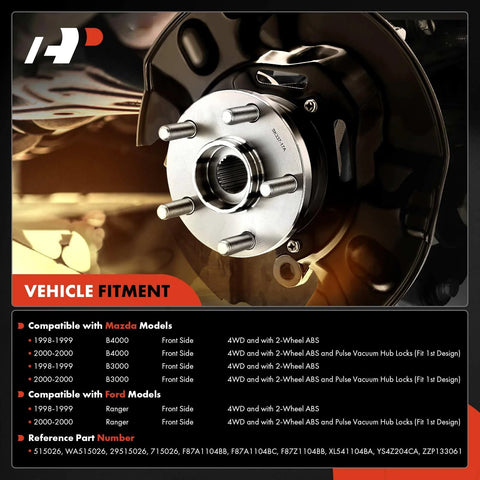 Front Wheel Bearing And Hub Assembly For Ford Ranger And Mazda B3000 B4000 1998 1999 2000 5 Lug Wheels 4WD And 2WD ABS Only Pulse Vacuum Hub Locks Compatible Durable Construction And Easy Install diagram showing compatibility and features.