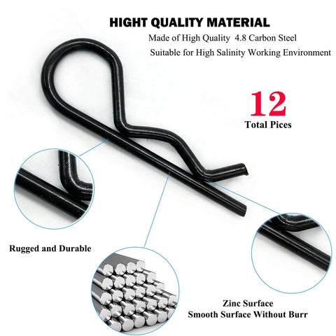 Heavy Duty 12 Pack R Clips For Trailers Trucks Carts And Mowers 60mm Long 3mm Wire Diameter Zinc Black Finish 4.8 Carbon Steel Retaining Pins