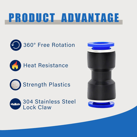 Brintek push-to-connect pneumatic air line fitting, straight 4-12 mm, black body with blue end collars
