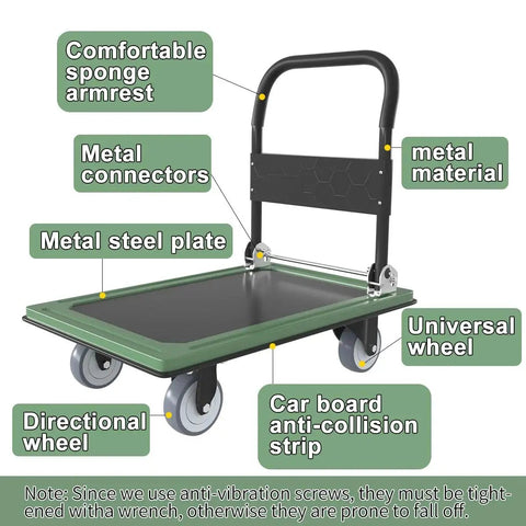 Heavy Duty Folding Push Cart Platform Trolley With Reinforced Beams And Four Quiet Thickened Rubber Wheels, green, labeled parts
