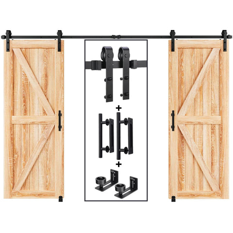 12 Ft Double Sliding Barn Door Track Kit With Ball Bearing Rollers, black powder coated steel, with wooden doors and hardware