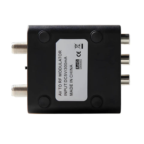 Top view of Coaxial RF Modulator and AV to RF Converter for classic gaming, showing ports and specifications label.