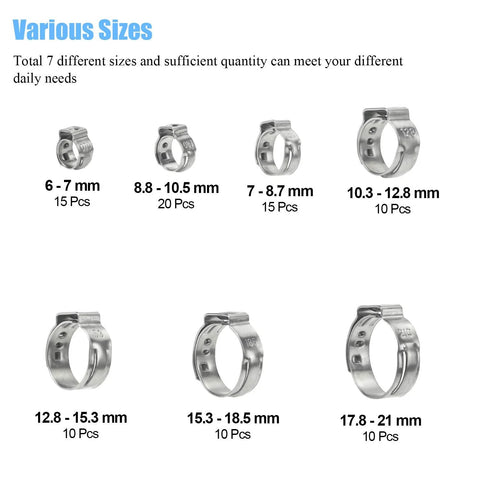 Hose clamp set, 304 stainless steel, single-ear clamps in 7 sizes totaling 90 pcs, 6–21 mm.