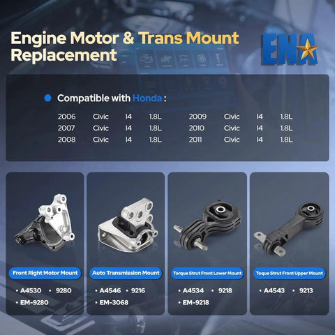 Beefed Up Engine Mount Set For Honda Civic 1.8L I4 Automatic Transmission 2006 2007 2008 2009 2010 2011 Replacement Kit A4530 A4534 A4543 A4546