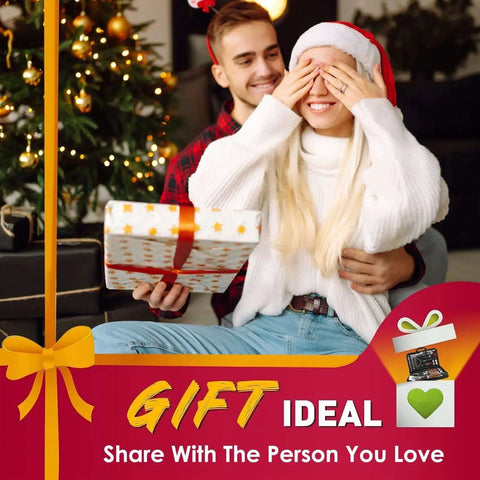 Couple exchanging gift beside Christmas tree with festive decorations and "Gift Ideal" text overlay.