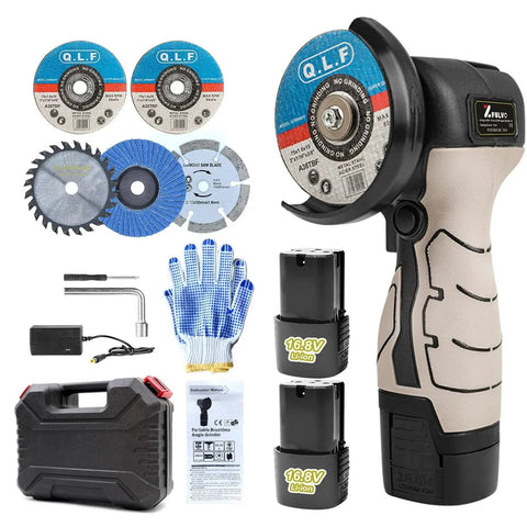 Cordless Angle Grinder Kit 19500 RPM with two 16.8V 2000mAh batteries, 5 cutting discs, and accessories for metal and wood.